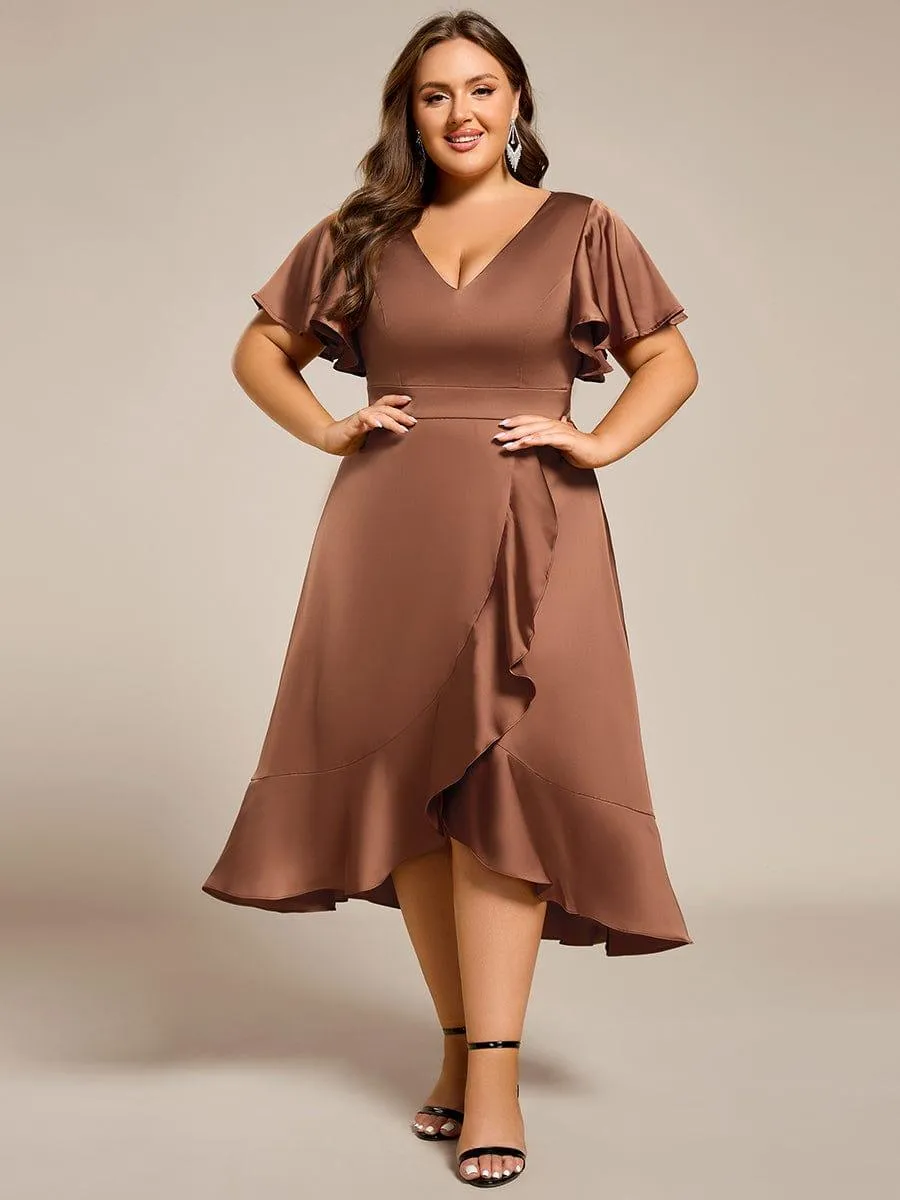 Robe d'invitée de mariage en satin grande taille avec jupe à volants