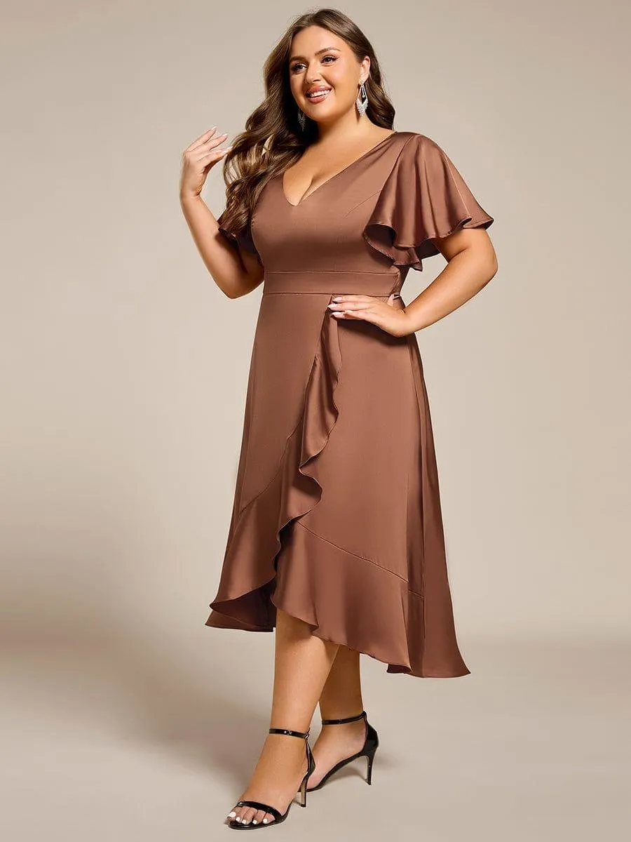 Robe d'invitée de mariage en satin grande taille avec jupe à volants