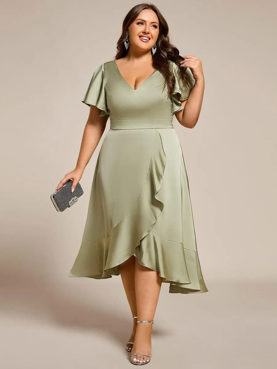 Robe d'invitée de mariage en satin grande taille avec jupe à volants