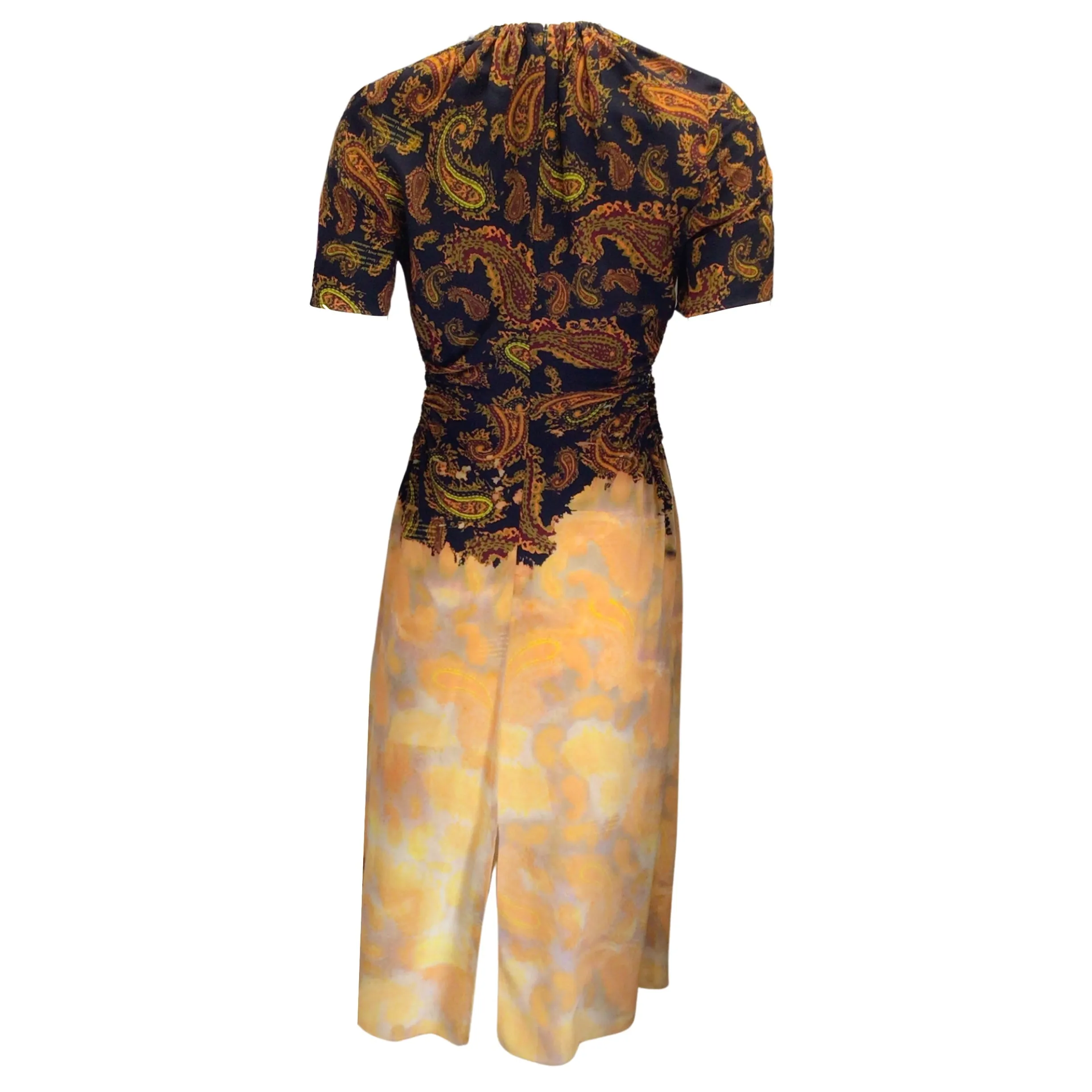 Rokh Black / Gold Multi Paisley Printed Short Sleeved Gathered Silk Midi Dress