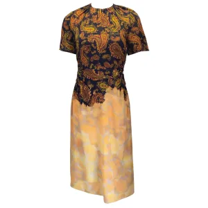Rokh Black / Gold Multi Paisley Printed Short Sleeved Gathered Silk Midi Dress