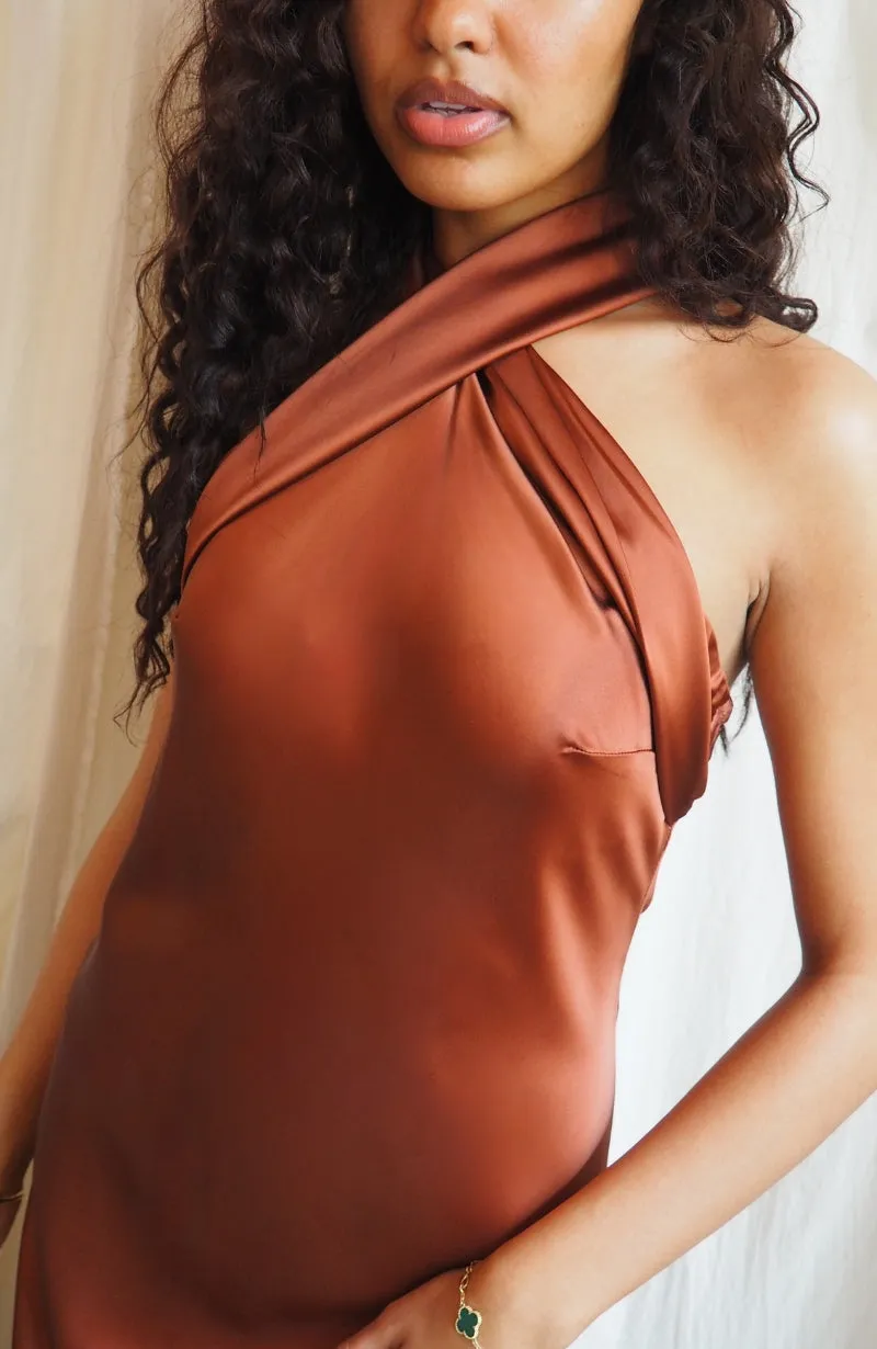 Roma Dress in Terracotta Satin