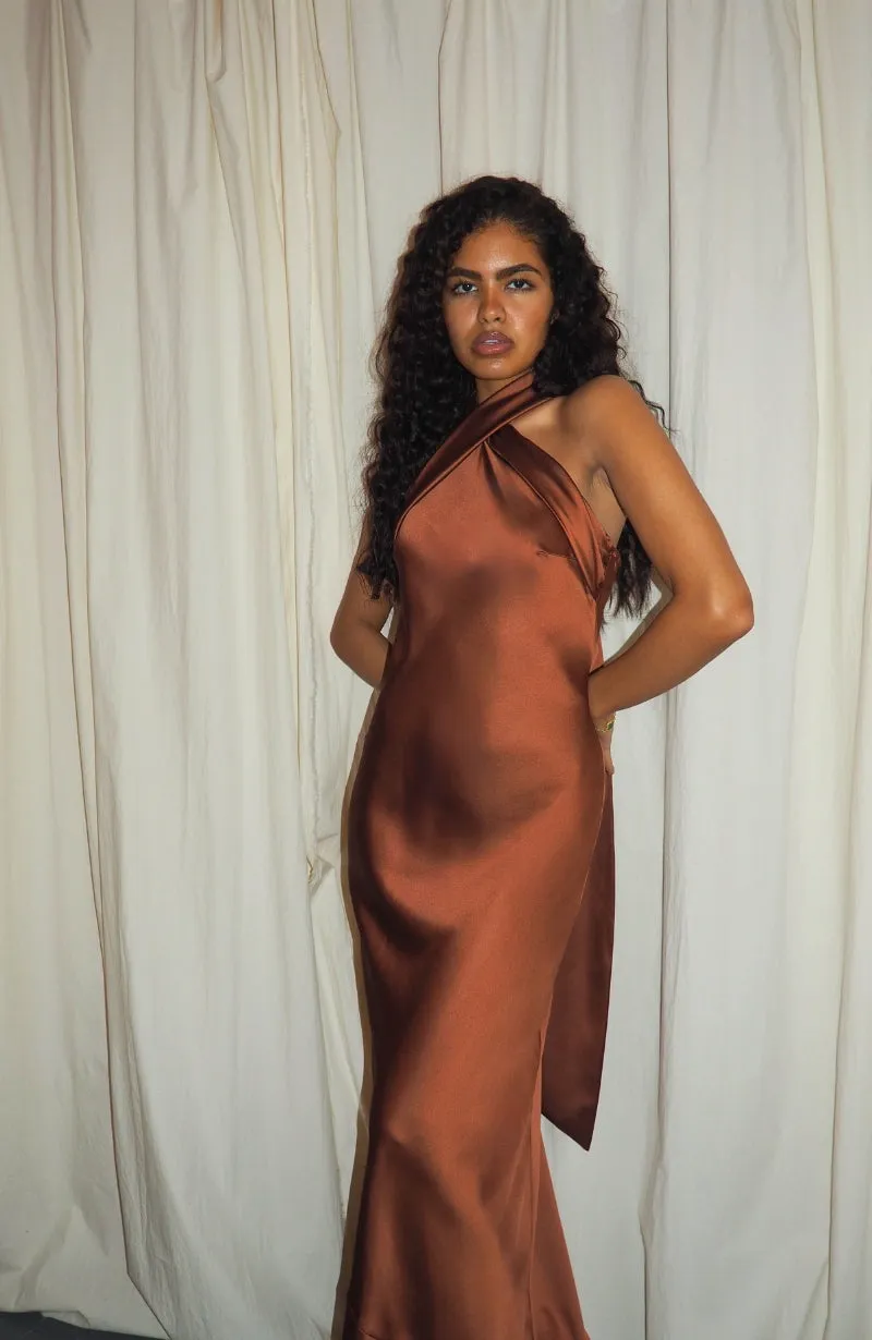 Roma Dress in Terracotta Satin