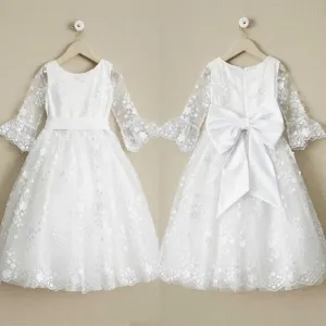 Round Neck Off White Lace Half Sleeve Long Flower Girl Dresses, FGS098