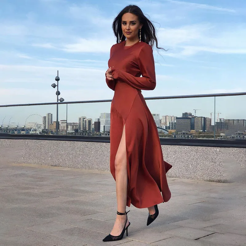 Round Neck Slit Leg Silk Party Maxi Midi Dresses