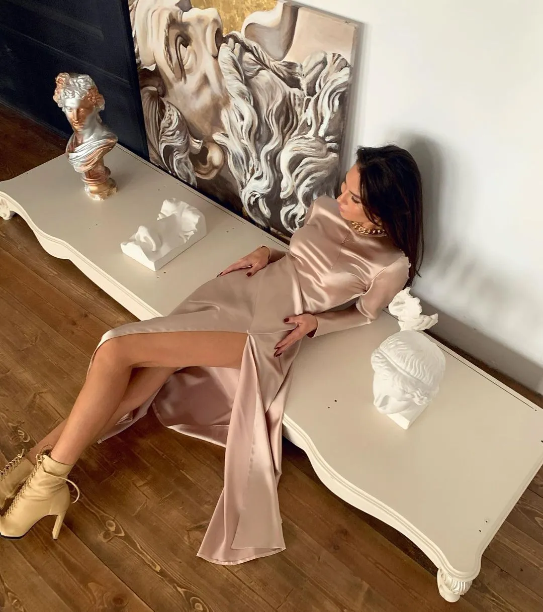 Round Neck Slit Leg Silk Party Maxi Midi Dresses