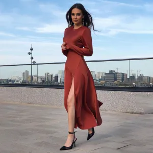 Round Neck Slit Leg Silk Party Maxi Midi Dresses