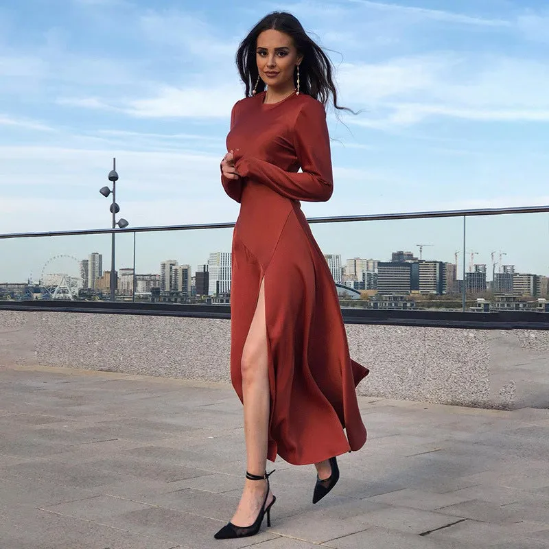 Round Neck Slit Leg Silk Party Maxi Midi Dresses