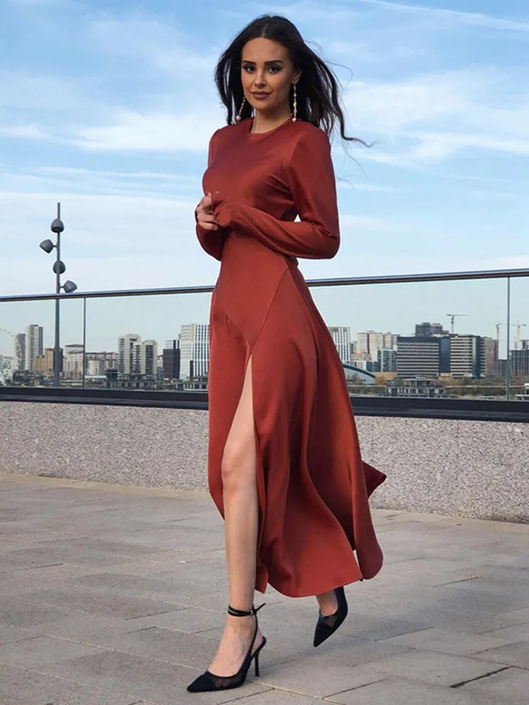 Round Neck Slit Leg Silk Party Maxi Midi Dresses