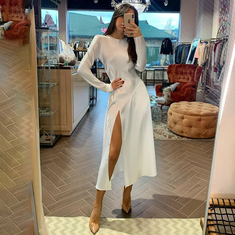Round Neck Slit Leg Silk Party Maxi Midi Dresses