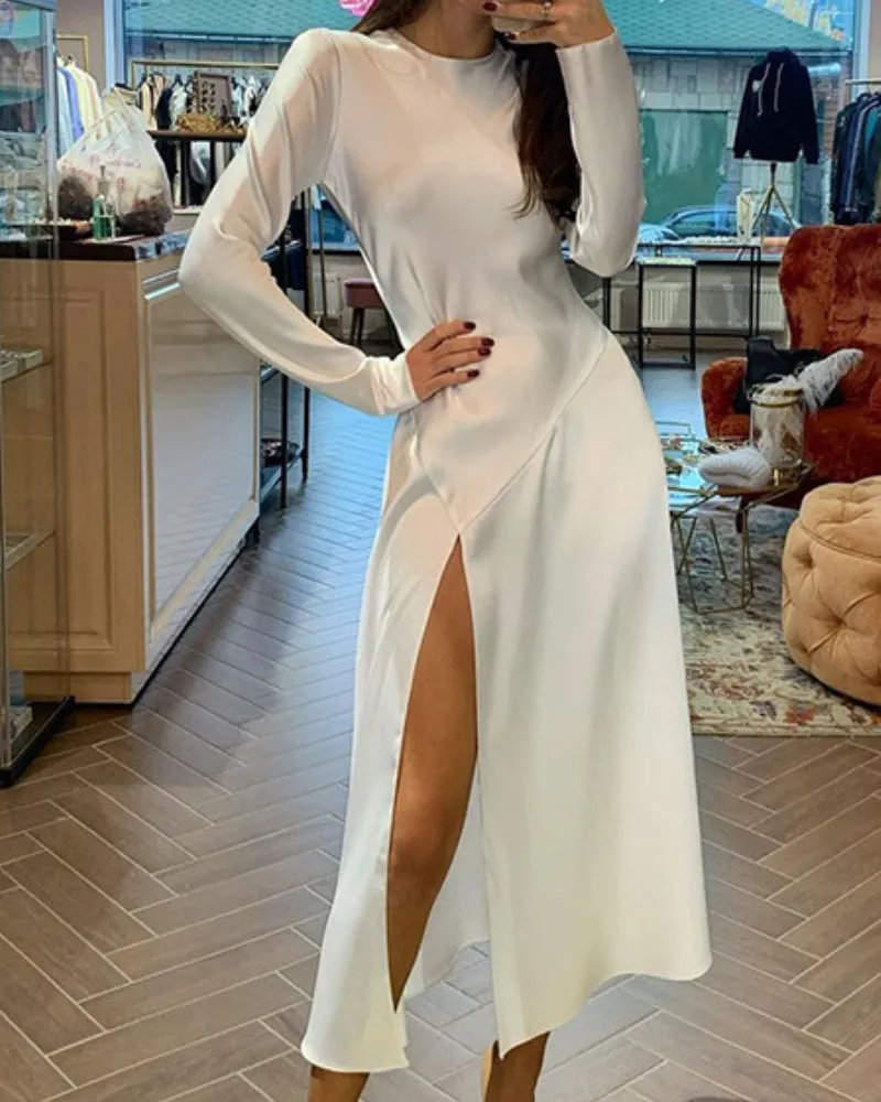 Round Neck Slit Leg Silk Party Maxi Midi Dresses