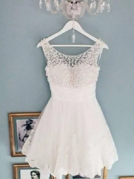 Round Neck White Short Lace Prom Dresses, White Short Lace Homecoming Dresses/Graduation Dress