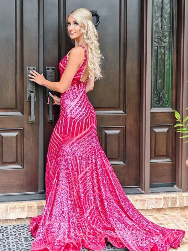 Royal Blue Sequin Deep V-neck Mermaid Long Evening Prom Dresses, Cheap Custom Prom Dresses, MR7939