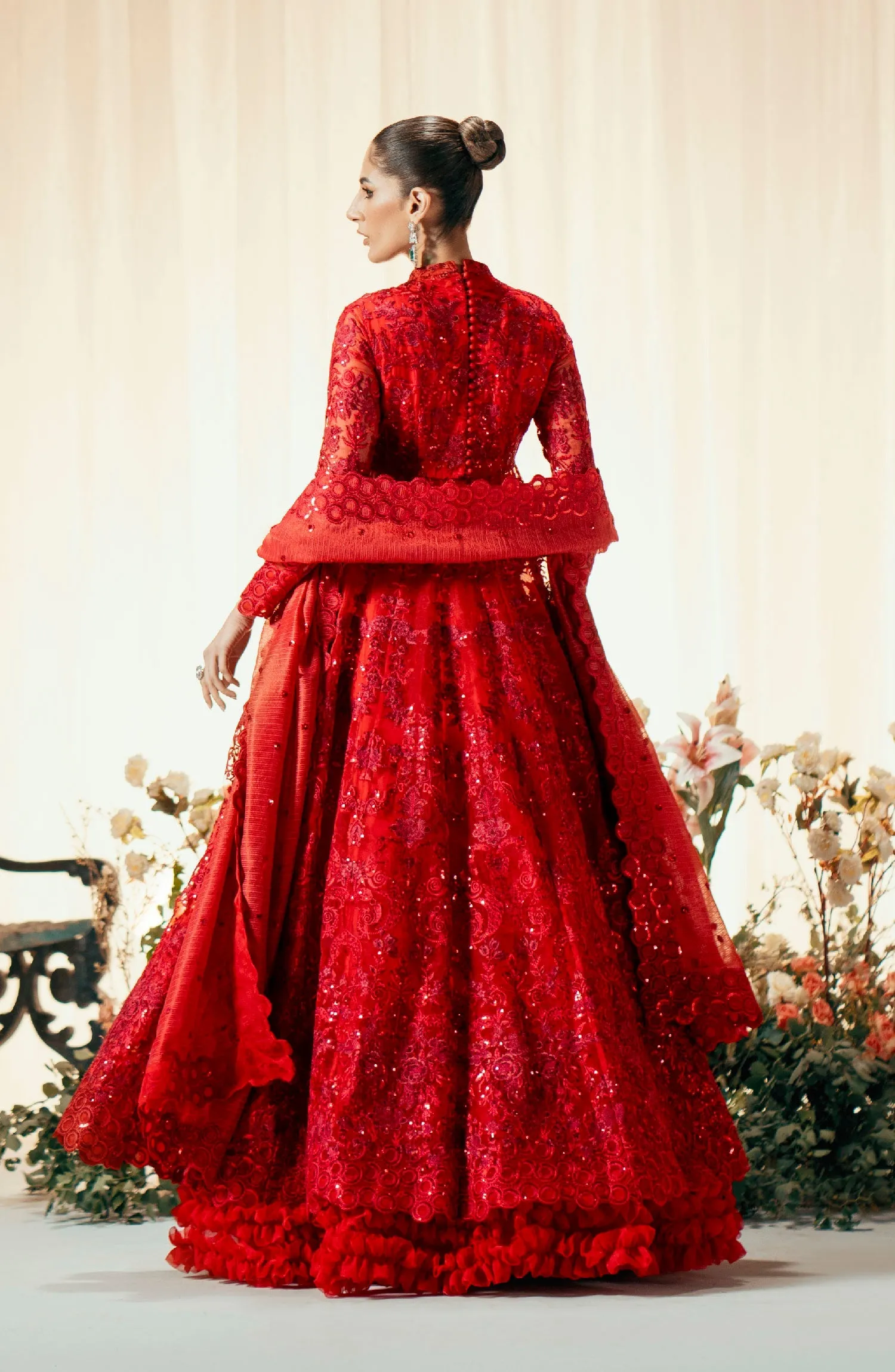 Royal Deep Red Net Embellished Pakistani Wedding Dress Pishwas Frock