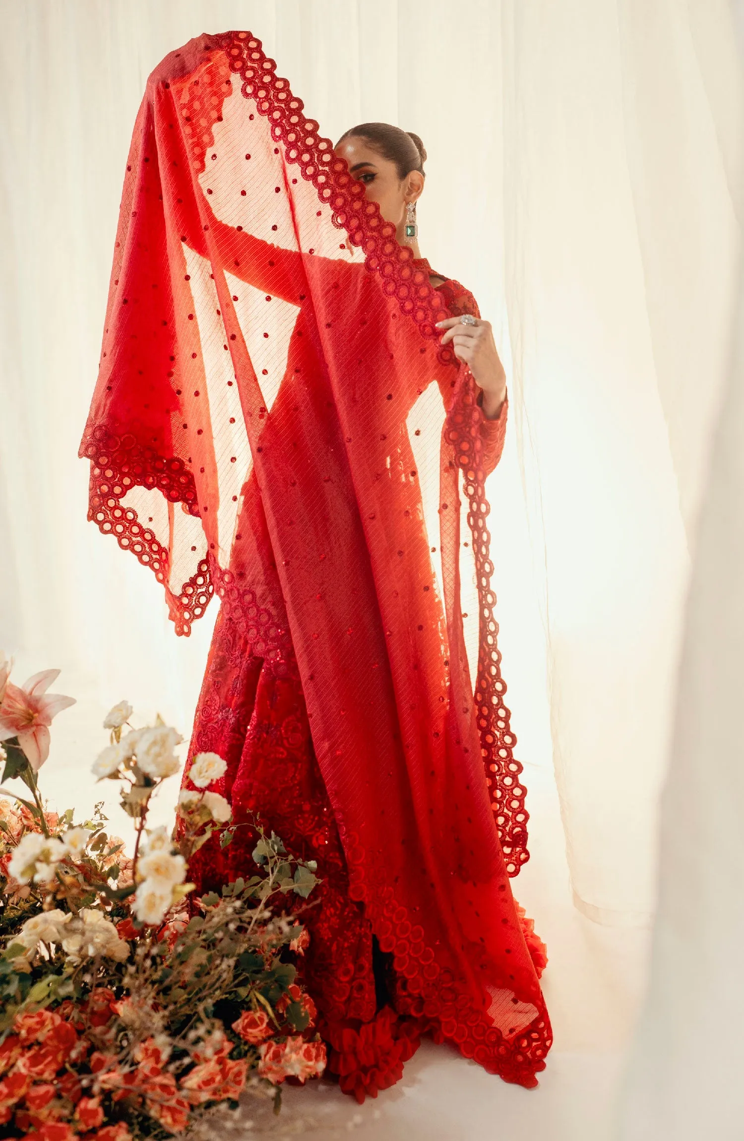 Royal Deep Red Net Embellished Pakistani Wedding Dress Pishwas Frock