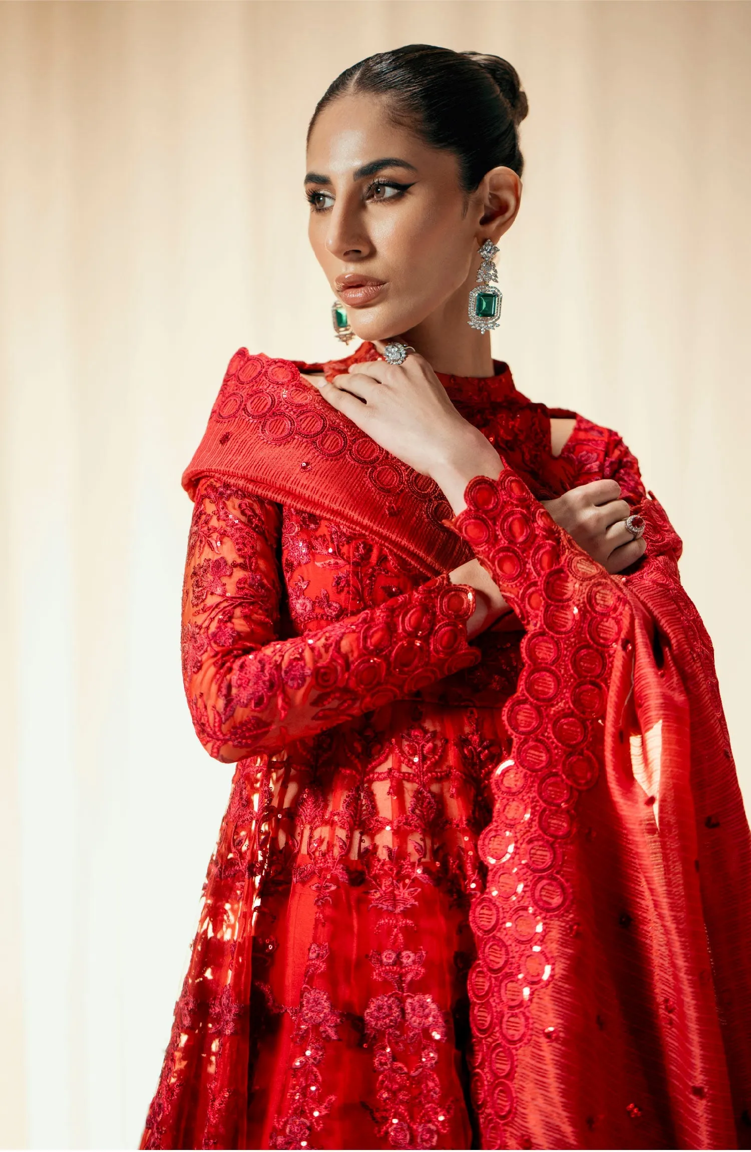 Royal Deep Red Net Embellished Pakistani Wedding Dress Pishwas Frock