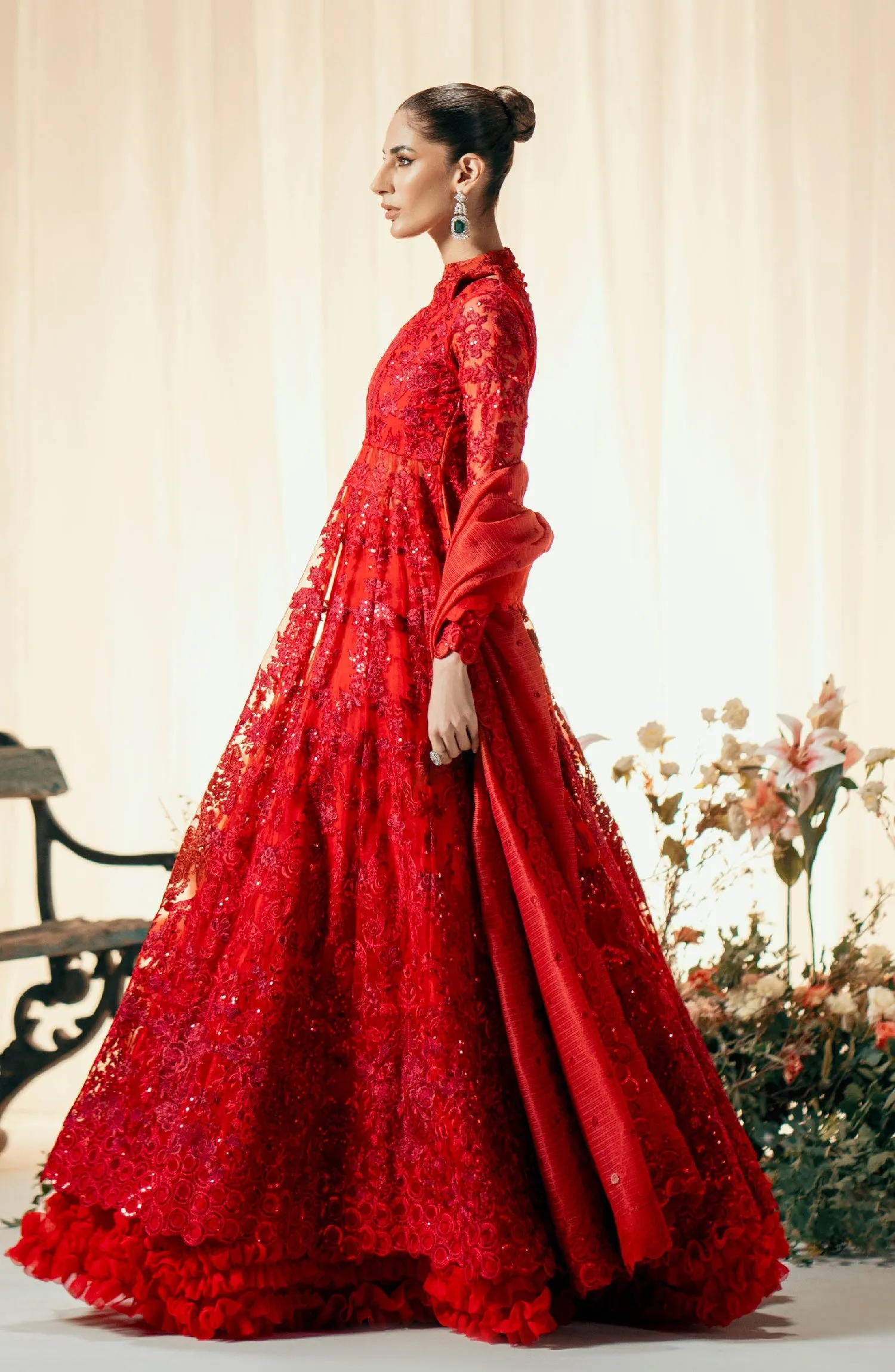 Royal Deep Red Net Embellished Pakistani Wedding Dress Pishwas Frock