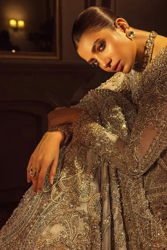 Royal Ivory Gold Embroidered Pakistani Bridal Dress Pishwas Frock Dupatta