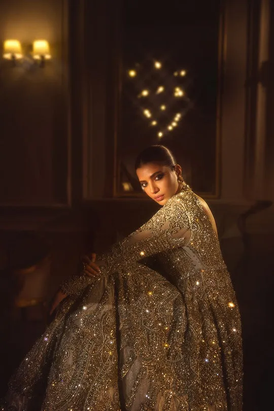 Royal Ivory Gold Embroidered Pakistani Bridal Dress Pishwas Frock Dupatta