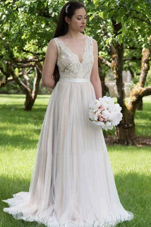 Roycebridal A-line V-neck Lace Top Tulle Skirt Beach Wedding Dresses, Wedding Gown, MW743