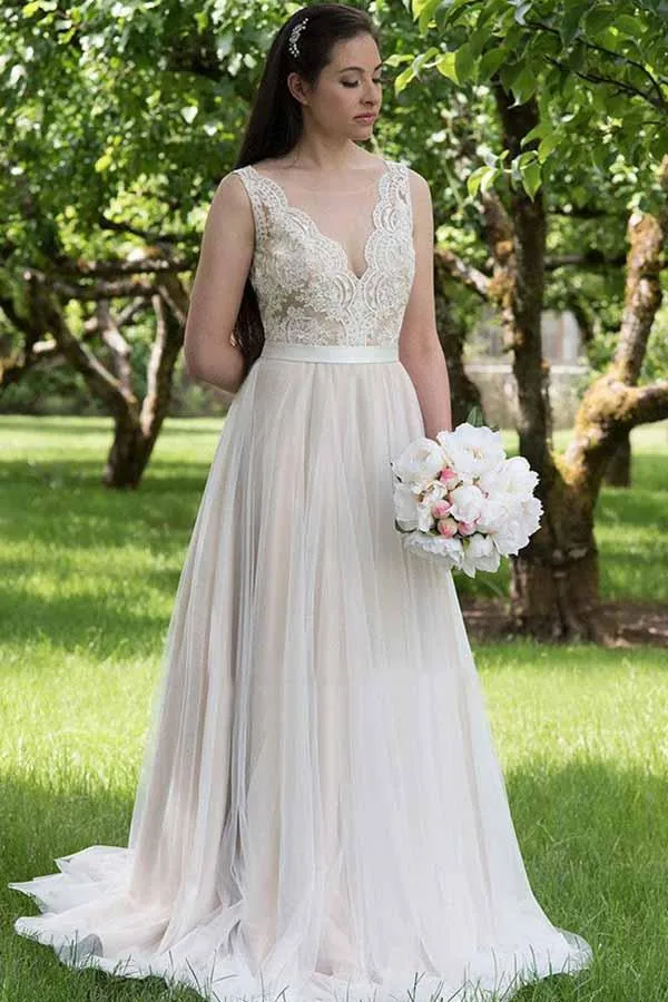 Roycebridal A-line V-neck Lace Top Tulle Skirt Beach Wedding Dresses, Wedding Gown, MW743