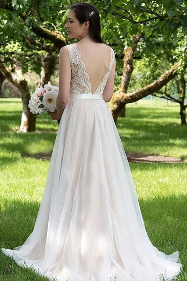 Roycebridal A-line V-neck Lace Top Tulle Skirt Beach Wedding Dresses, Wedding Gown, MW743