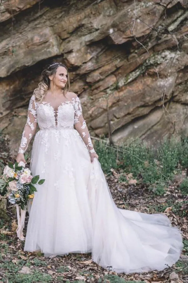 Roycebridal Beautiful Lace Plus Size A-line Long Sleeves Wedding Dress, Bridal Gown, MW538