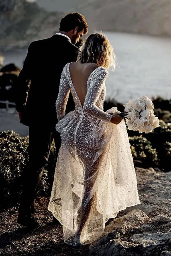 Roycebridal Bling Lace A-line Deep V-neck See Through Long Sleeves Wedding Dresses, MW572