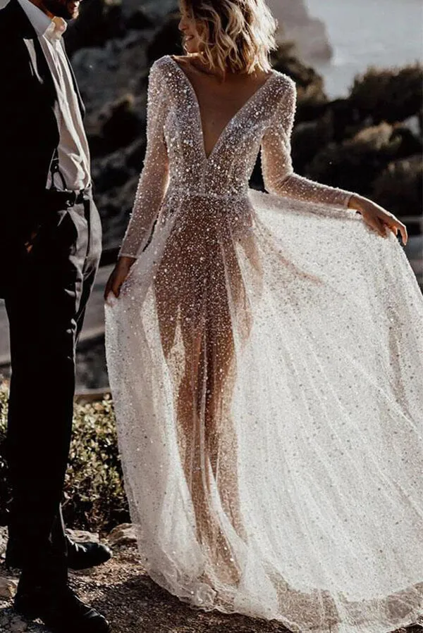 Roycebridal Bling Lace A-line Deep V-neck See Through Long Sleeves Wedding Dresses, MW572