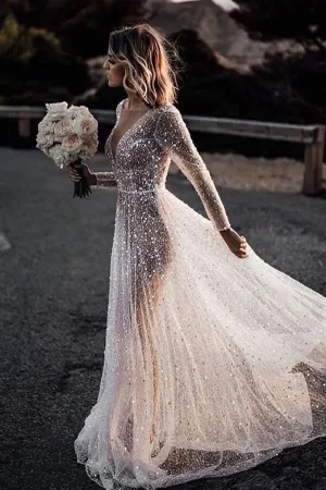 Roycebridal Bling Lace A-line Deep V-neck See Through Long Sleeves Wedding Dresses, MW572