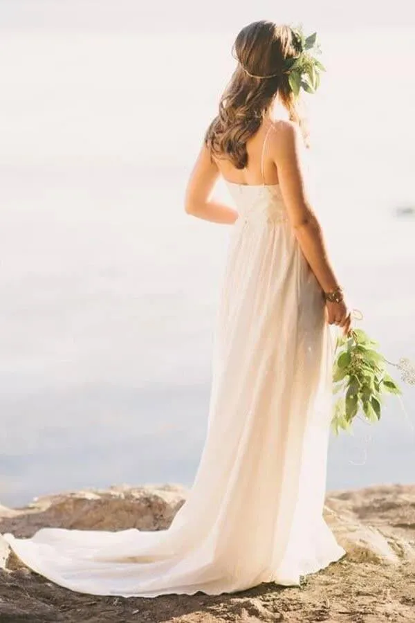 Roycebridal Chiffon A-line V-neck Spaghetti Straps Simple Wedding Dress With Train, MW839