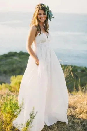 Roycebridal Chiffon A-line V-neck Spaghetti Straps Simple Wedding Dress With Train, MW839