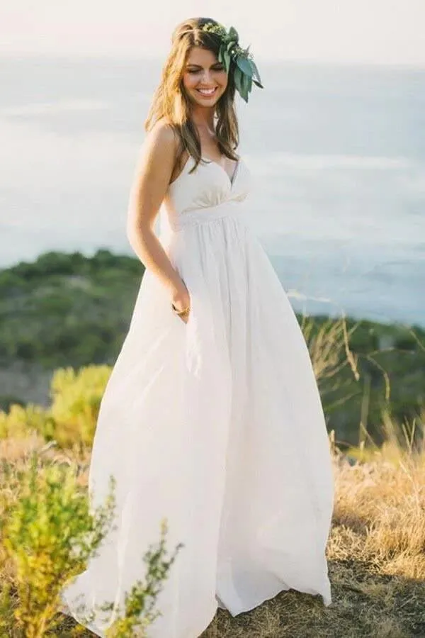 Roycebridal Chiffon A-line V-neck Spaghetti Straps Simple Wedding Dress With Train, MW839