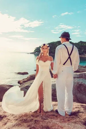 Roycebridal Chiffon Lace Off-the-Shoulder Beach Wedding Dresses With Side Slit, MW827