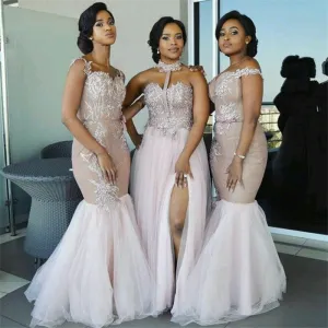 Roycebridal Elegant Pink Tulle Mermaid Cheap Lace Bridesmaid Dresses Appliques