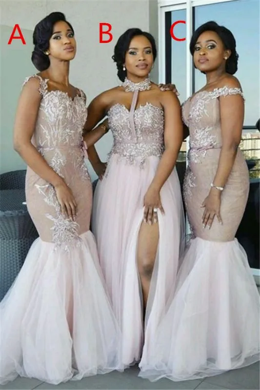 Roycebridal Elegant Pink Tulle Mermaid Cheap Lace Bridesmaid Dresses Appliques
