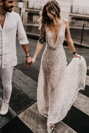 Roycebridal Glittering A-line Deep V-neck Open Back Wedding Dresses, Bridal Gown, MW623