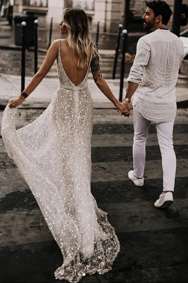 Roycebridal Glittering A-line Deep V-neck Open Back Wedding Dresses, Bridal Gown, MW623