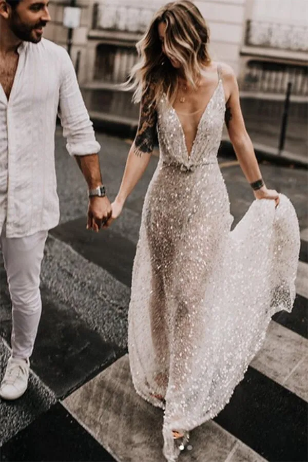 Roycebridal Glittering A-line Deep V-neck Open Back Wedding Dresses, Bridal Gown, MW623