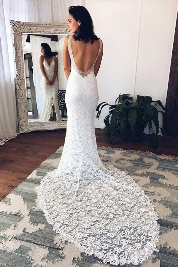 Roycebridal Gorgeous White Deep V-Neck Lace Mermaid Wedding Dress with Split, MW240