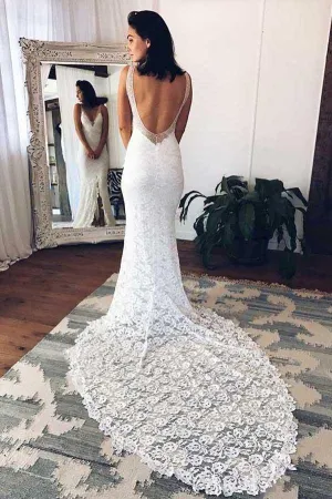 Roycebridal Gorgeous White Deep V-Neck Lace Mermaid Wedding Dress with Split, MW240