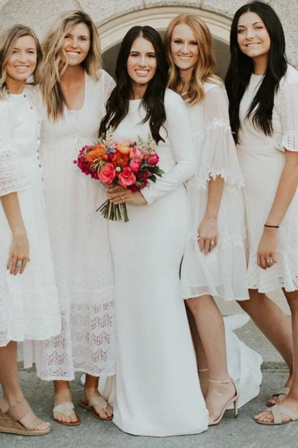 Roycebridal Ivory Satin Mermaid Long Sleeves Scoop Wedding Dresses, Bridal Gowns, MW617