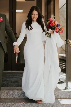 Roycebridal Ivory Satin Mermaid Long Sleeves Scoop Wedding Dresses, Bridal Gowns, MW617