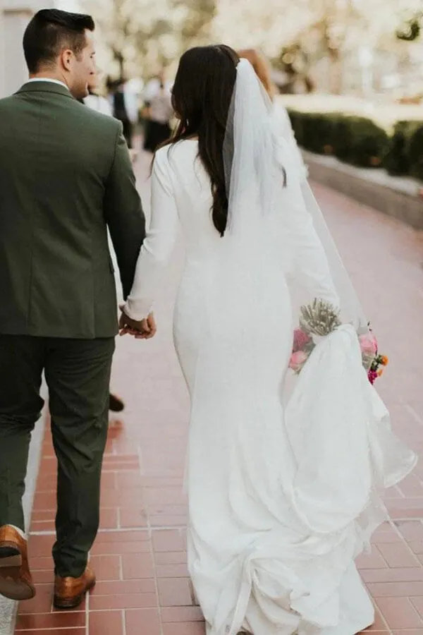 Roycebridal Ivory Satin Mermaid Long Sleeves Scoop Wedding Dresses, Bridal Gowns, MW617