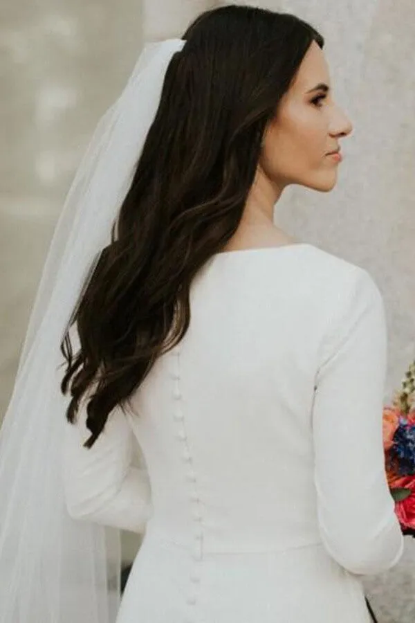 Roycebridal Ivory Satin Mermaid Long Sleeves Scoop Wedding Dresses, Bridal Gowns, MW617