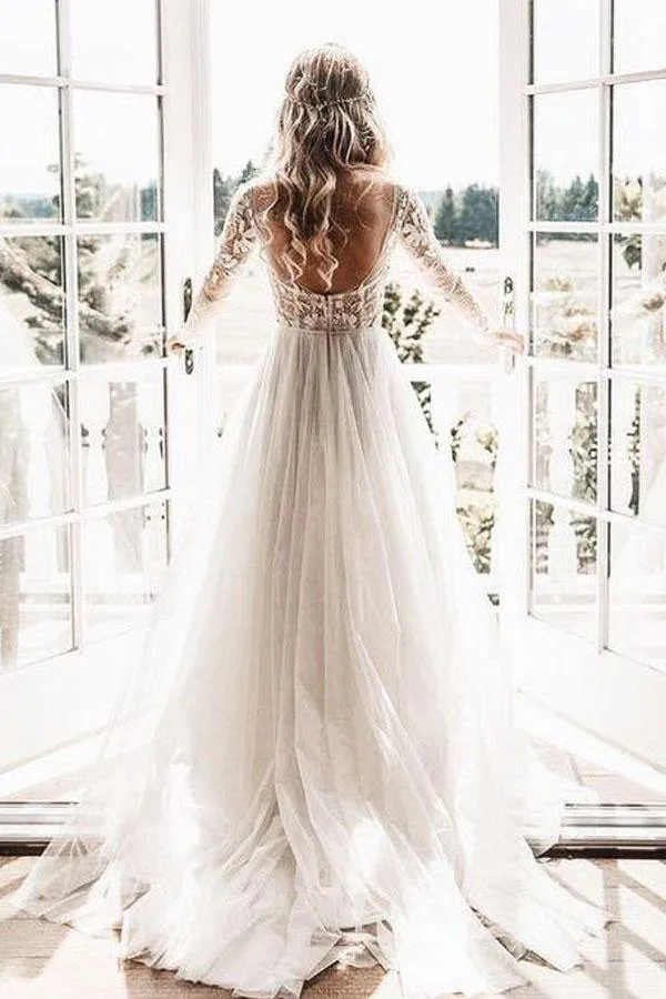 Roycebridal Lace Backless A-Line V-neck Long Sleeves Wedding Dresses, Bridal Dresses, MW552