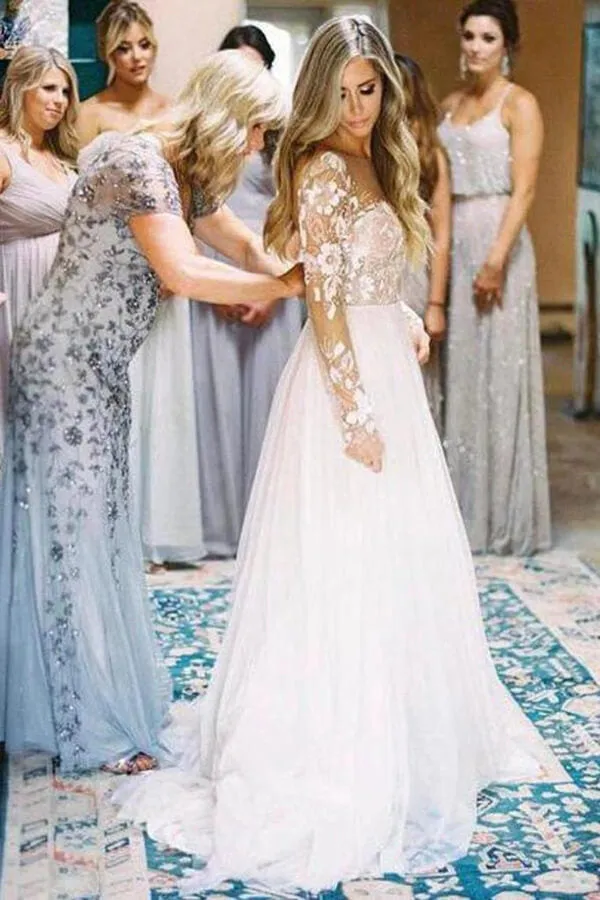 Roycebridal Lace Backless A-Line V-neck Long Sleeves Wedding Dresses, Bridal Dresses, MW552