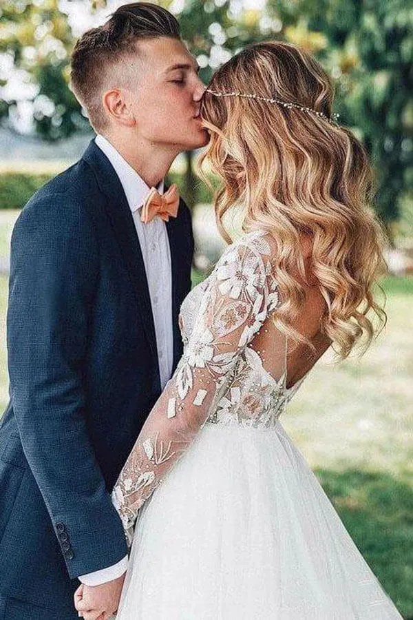 Roycebridal Lace Backless A-Line V-neck Long Sleeves Wedding Dresses, Bridal Dresses, MW552