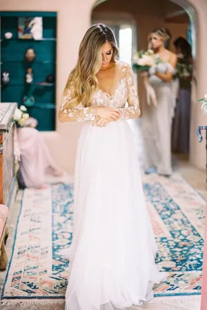 Roycebridal Lace Backless A-Line V-neck Long Sleeves Wedding Dresses, Bridal Dresses, MW552