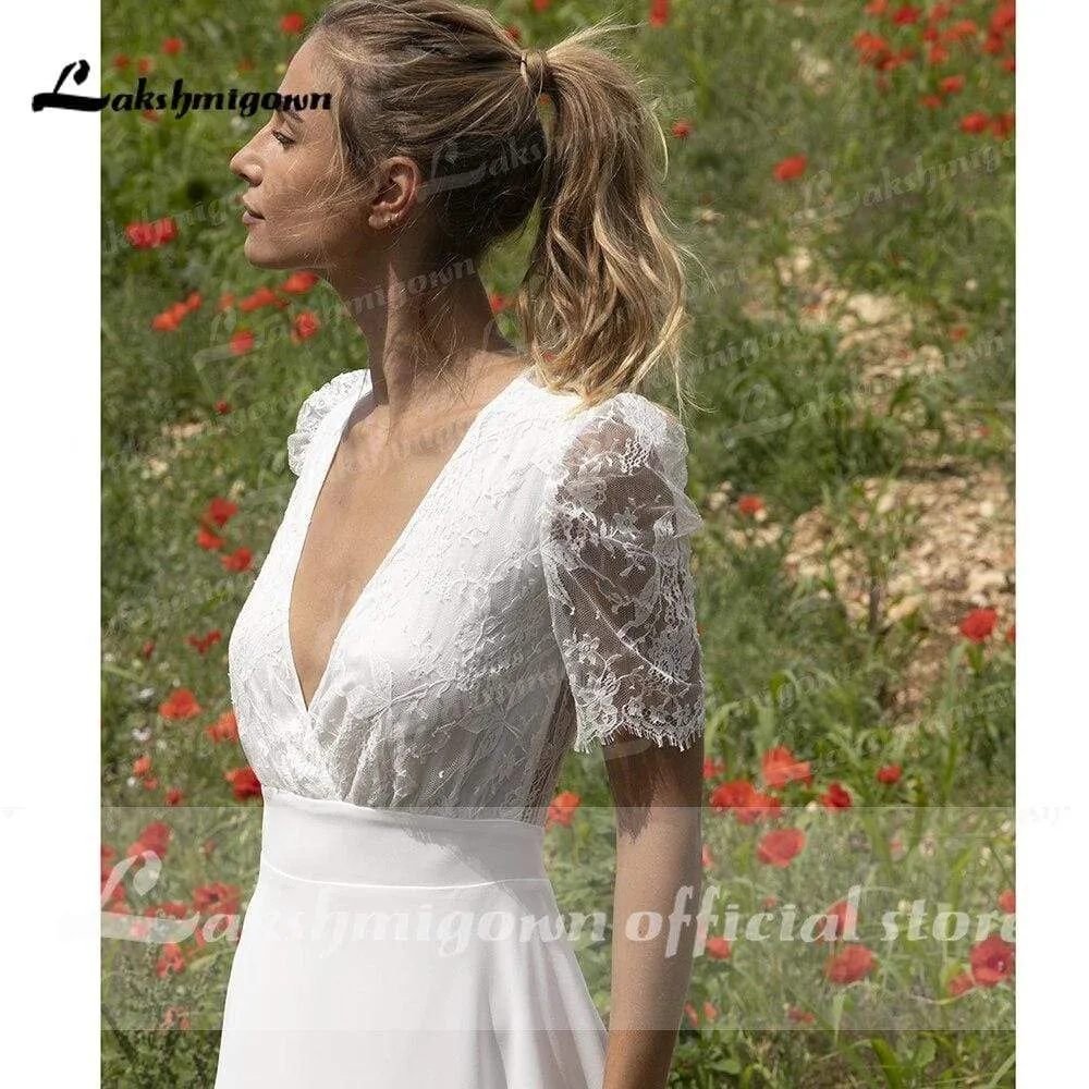 Roycebridal Lace Puff Short Sleeve Romantic Bridal Wedding Dresses